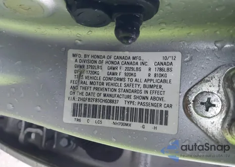 2012 Honda Civic Ex z USA, uszkodzony, nr VIN 2HGFB2F85CH608837